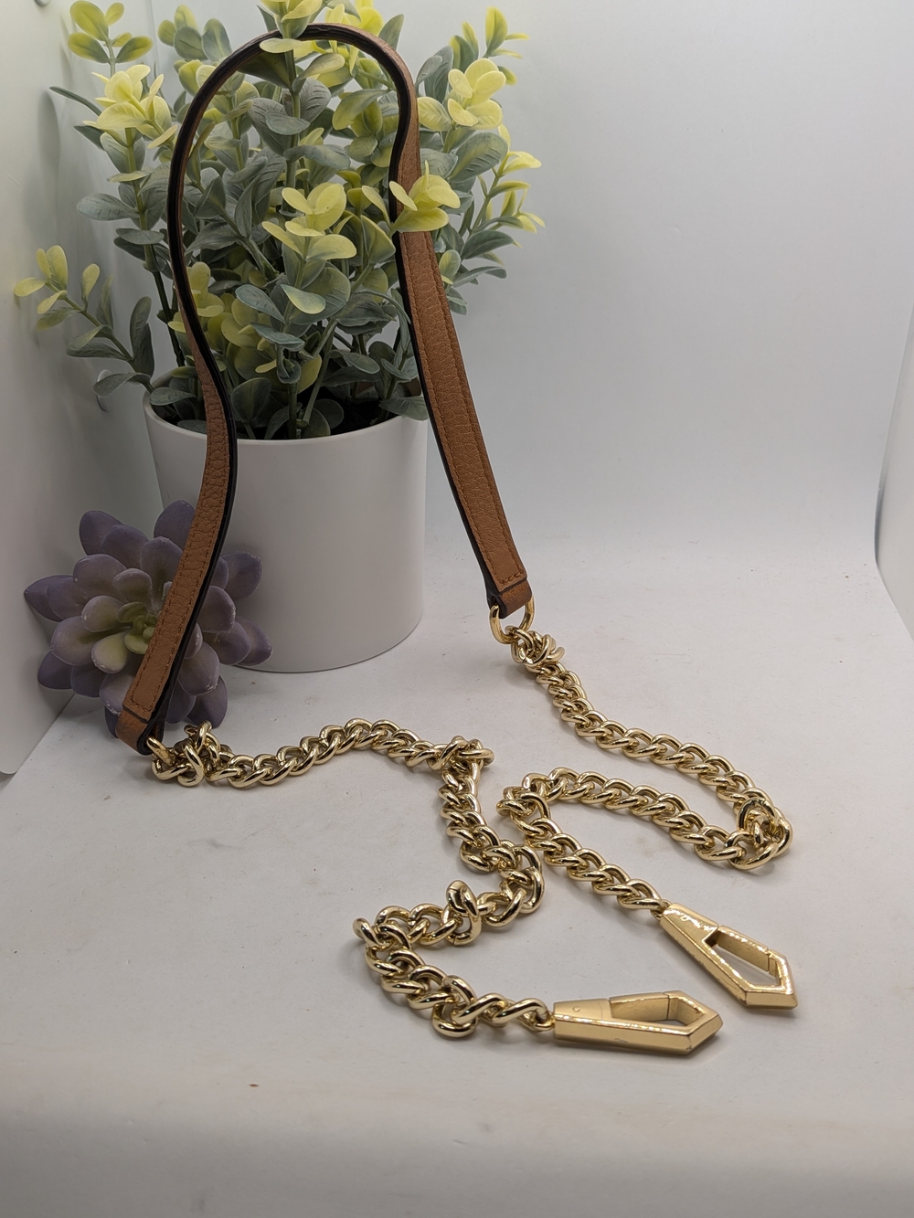 Gold Chain Shoulder Strap with Tan Leather Accents